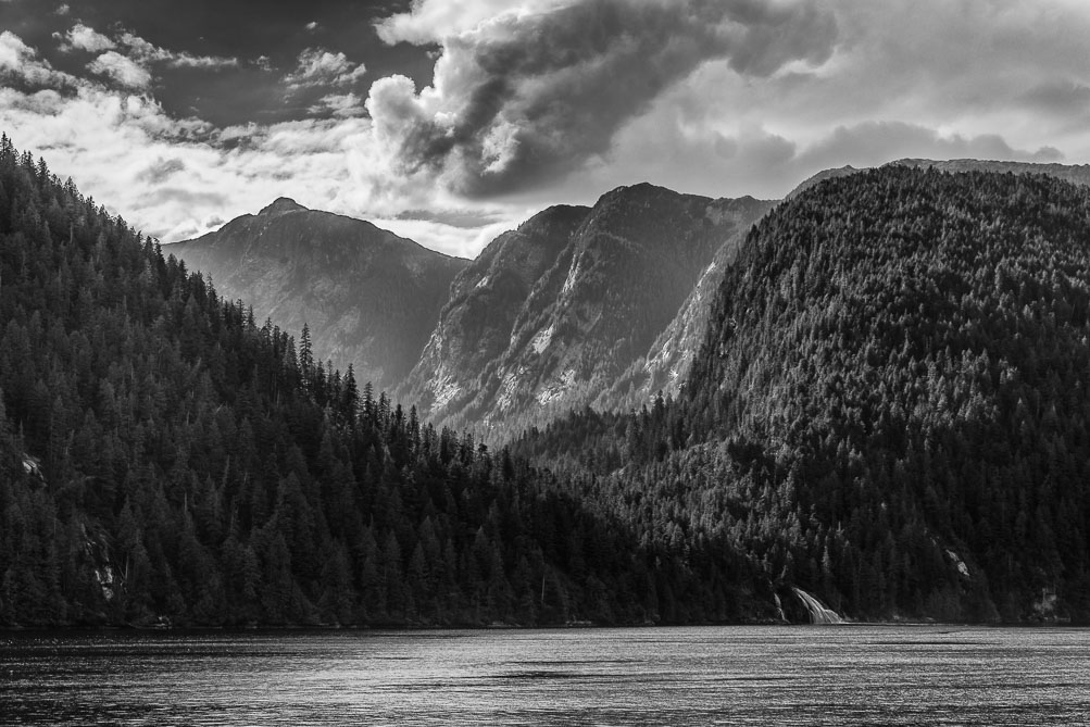 Granite cliffs and hidden lakes of Pitt Island emptying into Grenville Channel