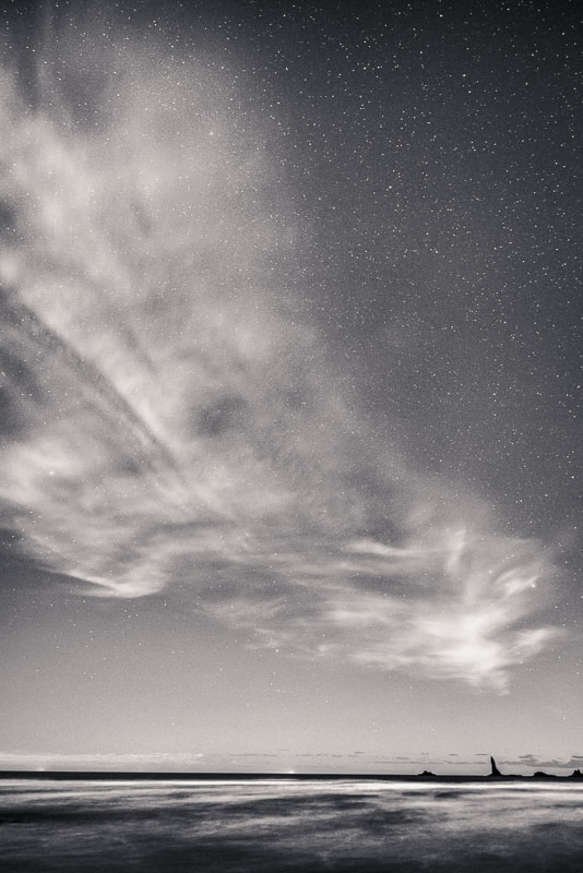 Night cirrus and stars, Second Beach, Washington