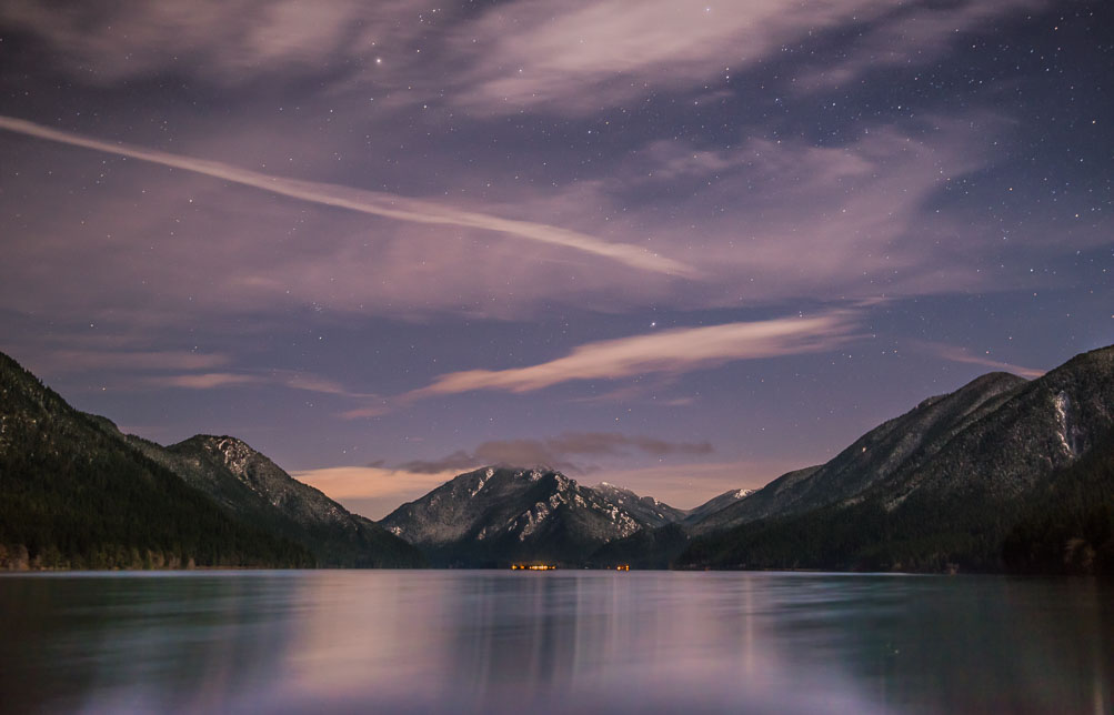 A Moonlit winter night, with lights of the lodge and our cabin