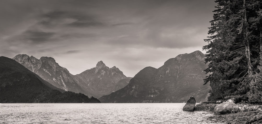 Coast Mountains, Marlborough Peak, Mt. Churchill and Mt. Spencer, all over 6,000 ft., Jervis Inlet