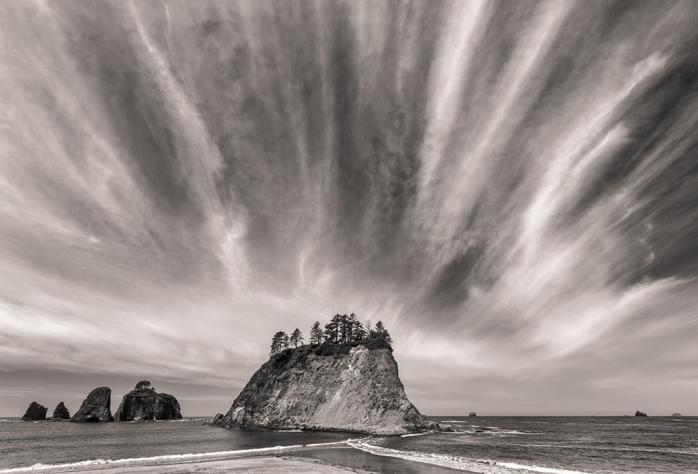 Cirrus Burst, Little James Island, La Push, Washington. Beautiful sea stacks near the river.