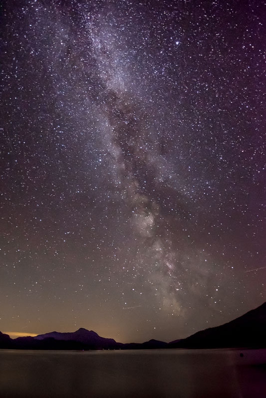 Milky Way, Jervis Inlet, British Columbia, Canada. Looking south across Jervis Inlet. The glow of Sechelt in the distance. Sagittarius at the bottom.